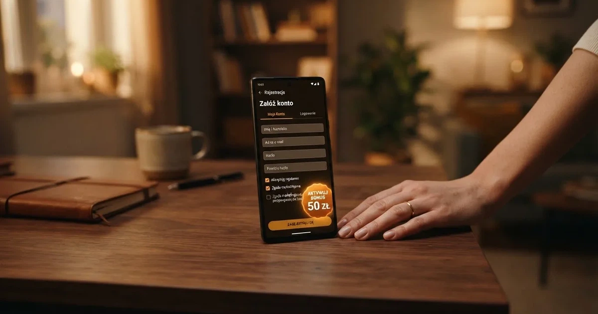Smartfon z otwartym formularzem zakładania konta gracza i zakładką aktywacji środków bonusowych w sekcji Moje Konto