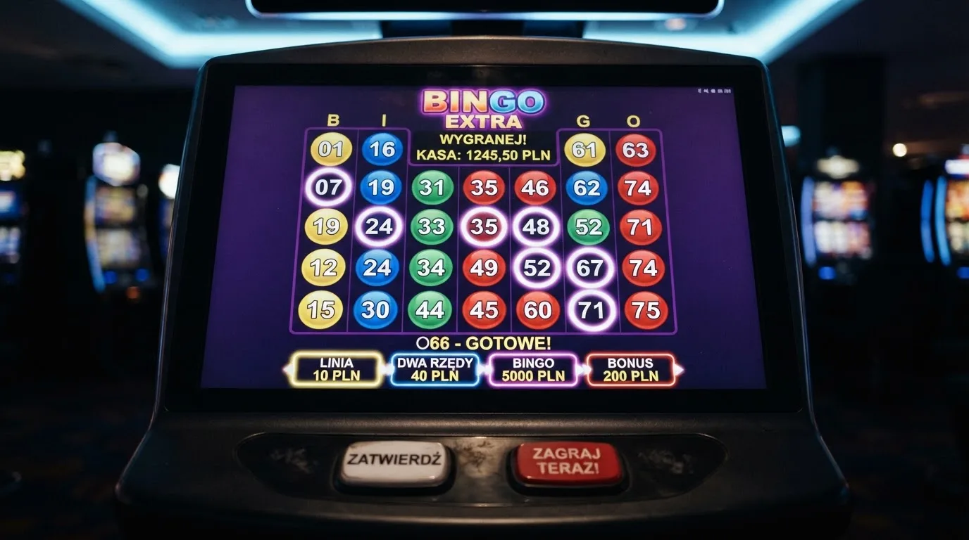 Ekran automatu do gry z kolorową planszą w stylu bingo i podświetlonymi liczbami