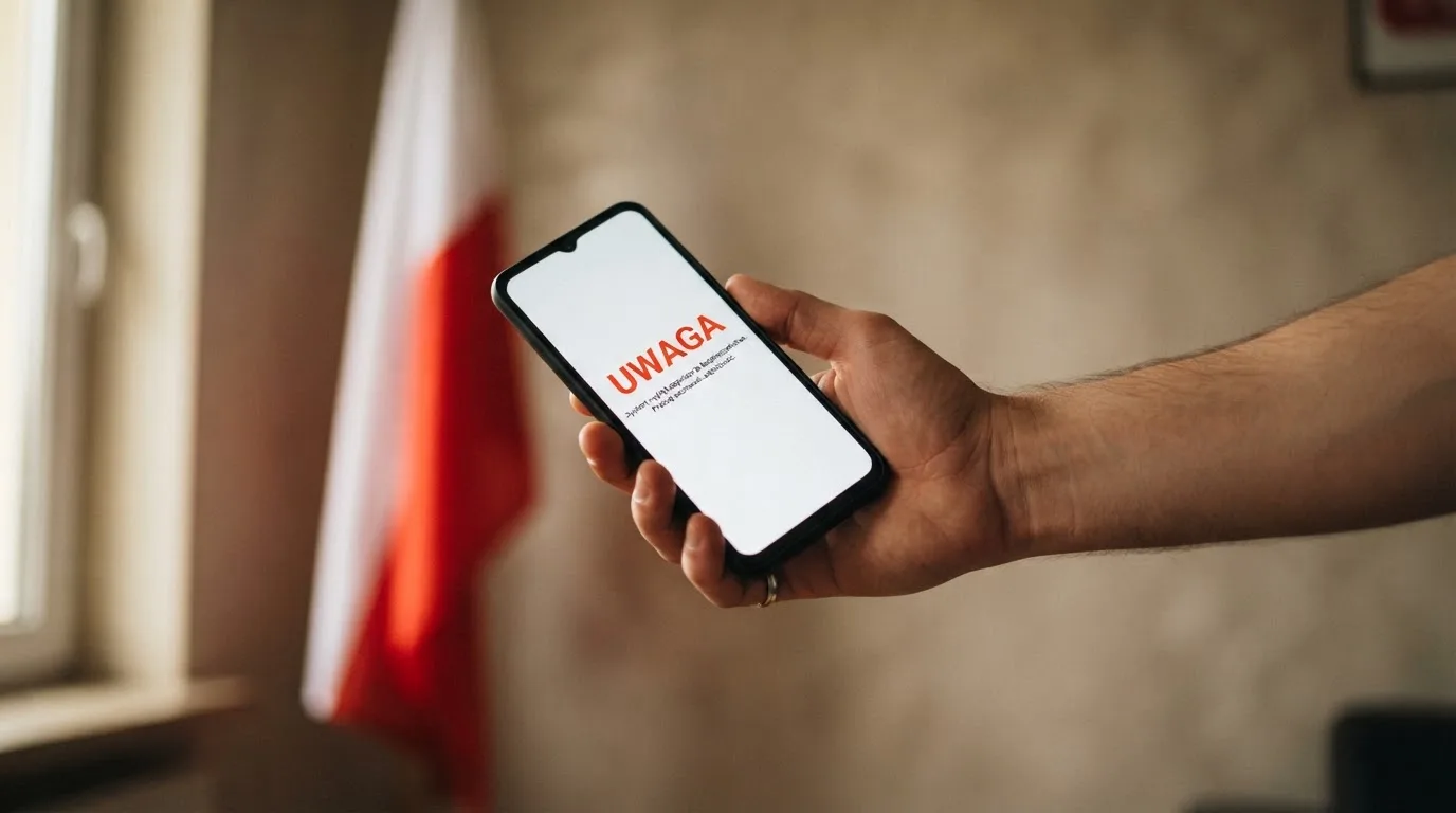 Dłoń trzymająca telefon z widocznym komunikatem ostrzegawczym o legalności hazardu online na tle biało-czerwonej flagi Polski.