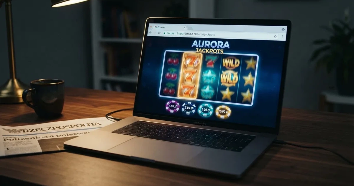 Laptop na biurku z otwartą stroną kasyna internetowego i ikoną kłódki szyfrowania w pasku adresu przeglądarki