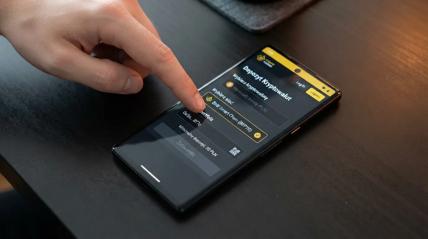 Zbliżenie na formularz wpłaty w kasynie online z polem na adres portfela kryptowalutowego BNB Smart Chain.