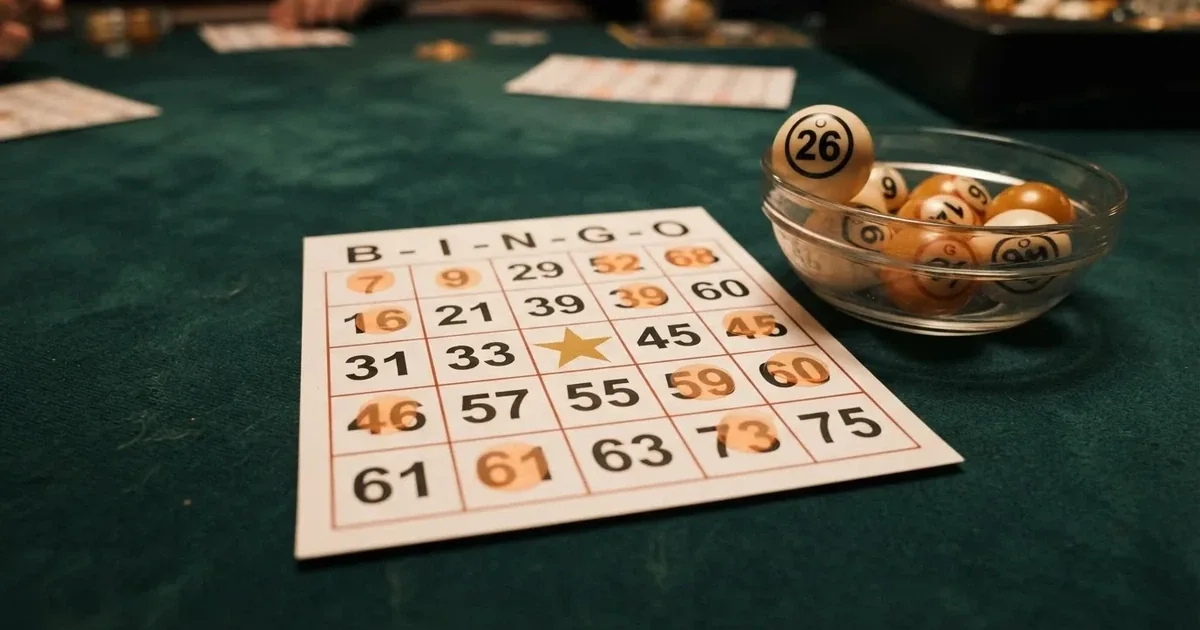 Karta do bingo z odznaczonymi liczbami obok wylosowanych kulek na stole w kasynie online