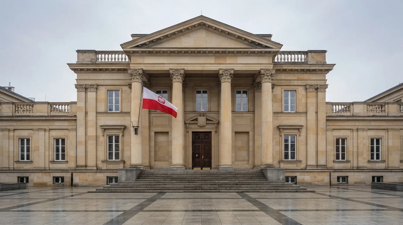 Fasada budynku instytucji państwowej z flagą Polski, symbol nadzoru regulatora nad rynkiem gier hazardowych