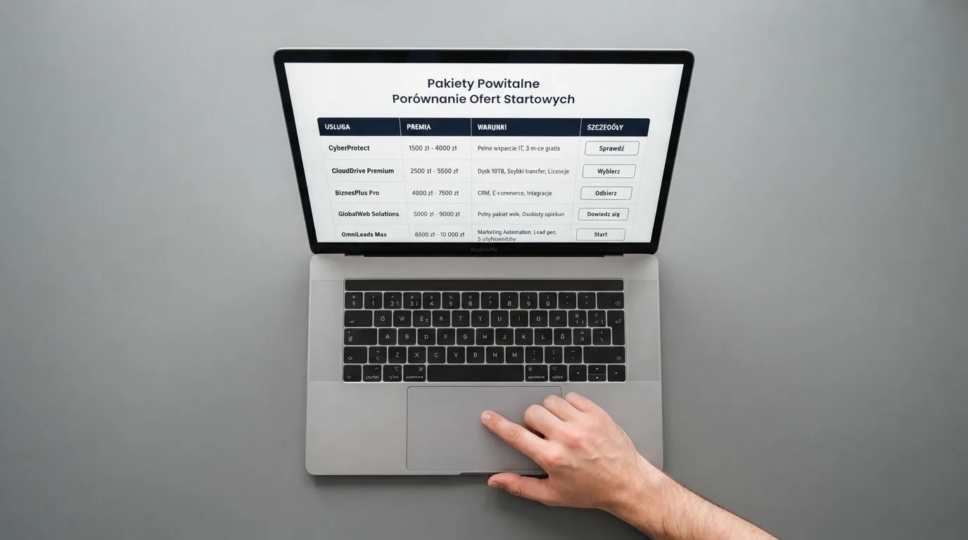 Widok z góry na laptop z otwartą tabelą porównawczą ofert powitalnych kilku serwisów kasynowych