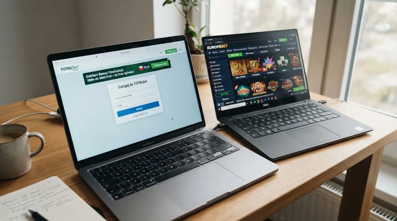 Dwa ekrany logowania kasyna online obok siebie na biurku, jeden z polskim interfejsem złotówkowym, symbolizujące porównanie dwóch różnych serwisów