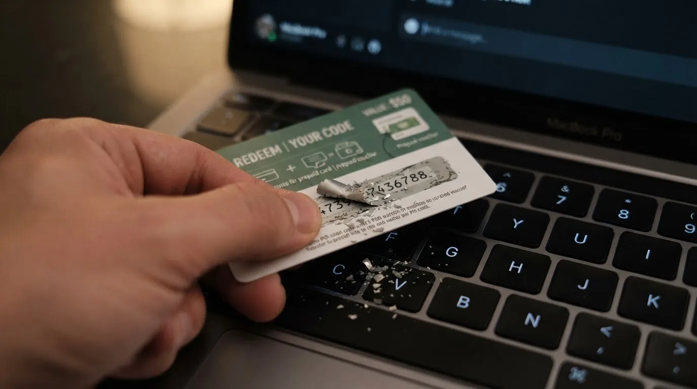 Karta przedpłacona Paysafecard z zasłoniętym polem kodu PIN obok klawiatury laptopa