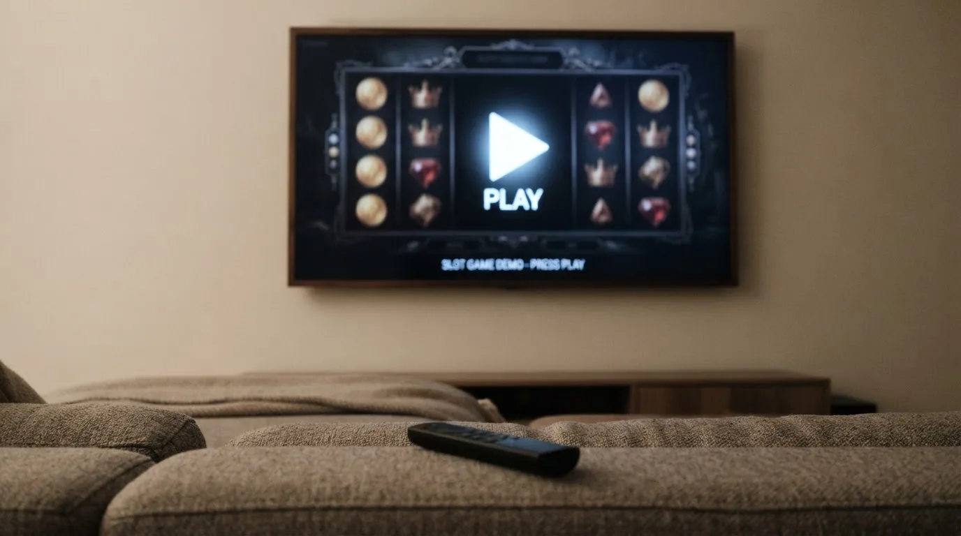 Telewizor w salonie wyświetlający ekran startowy gry hazardowej w trybie demo, pilot leżący na kanapie obok.