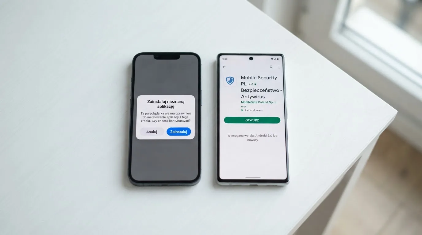 Dwa telefony obok siebie: na jednym komunikat zgody na instalację pliku APK z nieznanego źródła, na drugim strona aplikacji w sklepie z przyciskiem pobierania