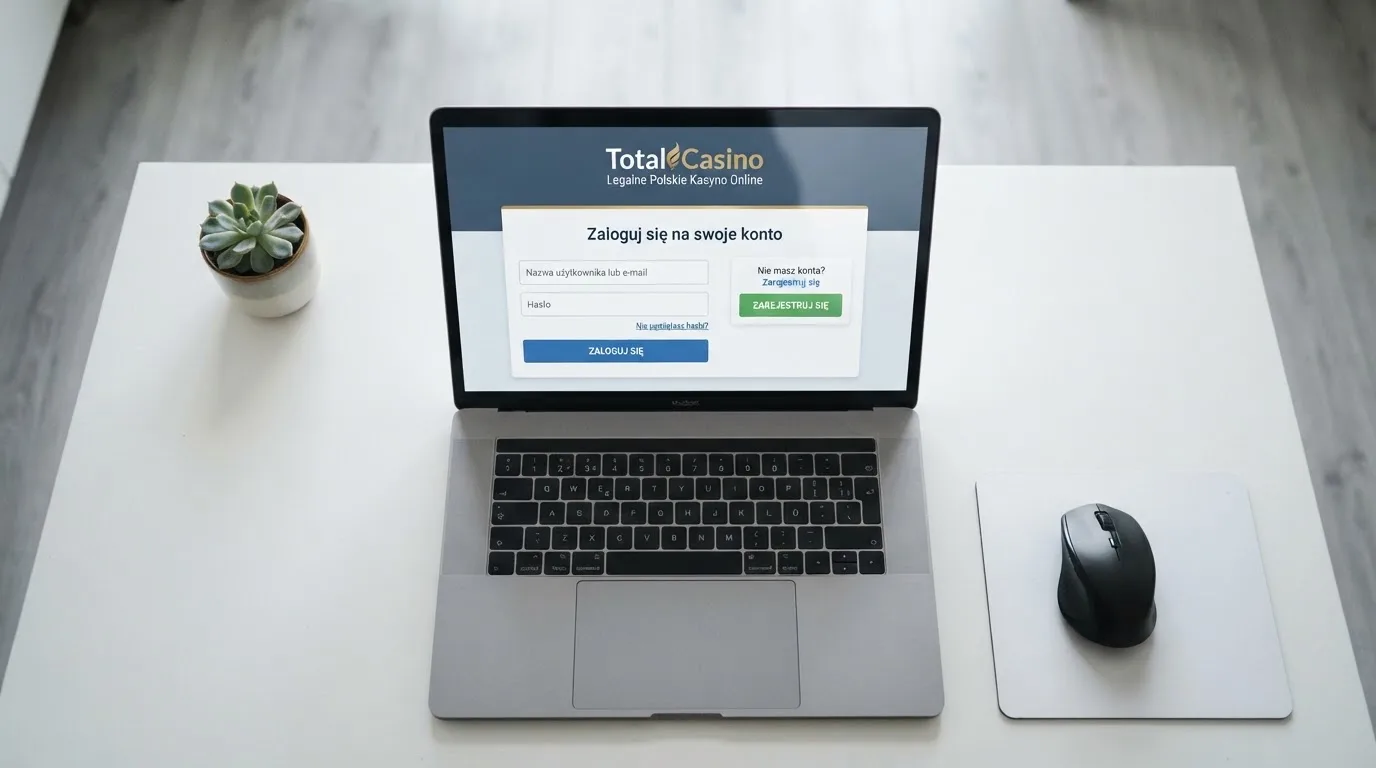 Strona logowania oficjalnej platformy Total Casino na ekranie laptopa, jedynego legalnego kasyna online w Polsce