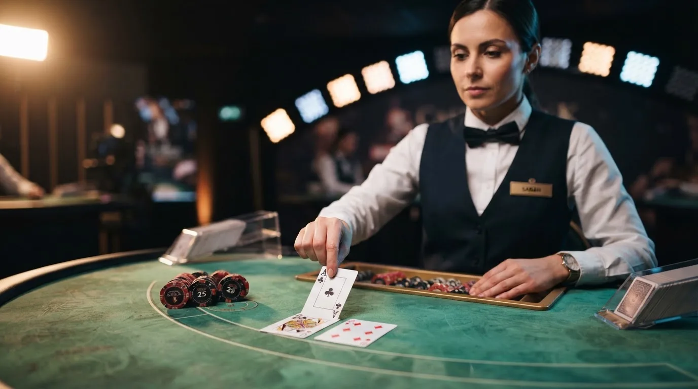 Krupier rozdający karty przy stole blackjacka podczas transmisji na żywo