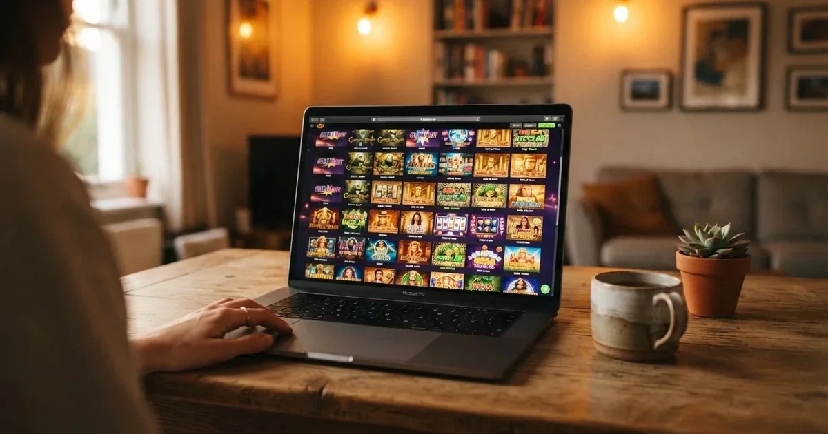 widok lobby wirtualnego kasyna na ekranie laptopa z rzędami ikon gier automatów