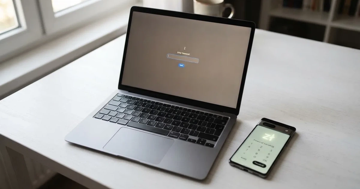 Smartfon z otwartym ekranem logowania do bankowości internetowej obok laptopa z pustym formularzem rejestracji konta