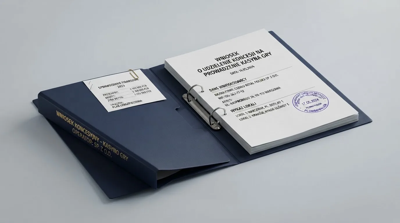 Segregator z wnioskiem o koncesję na kasyno gry, wydrukiem sprawozdania finansowego i urzędową pieczątką leżący na biurku