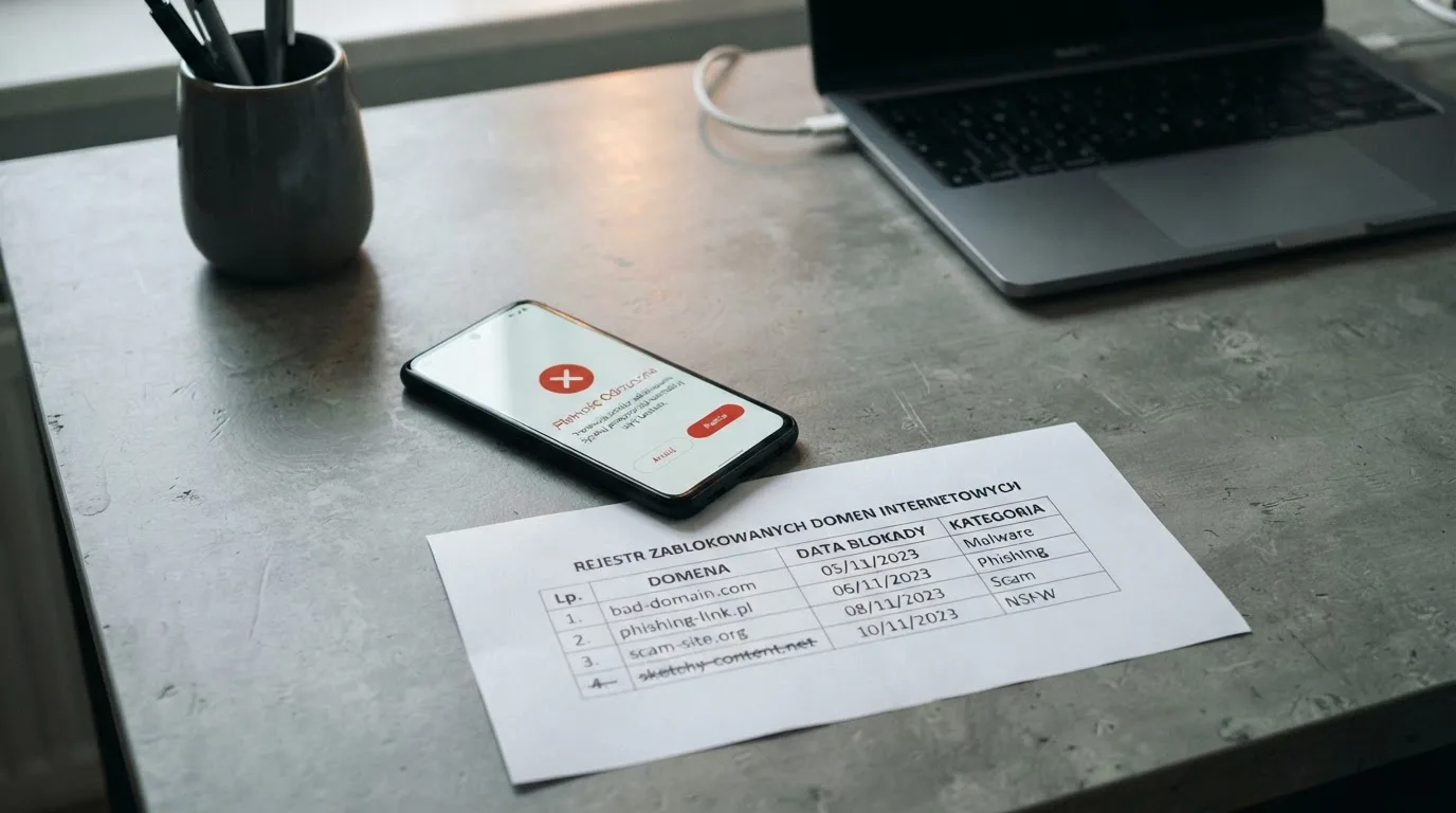 Telefon z komunikatem o odrzuconej płatności na ekranie, obok wydruk tabeli z listą zablokowanych adresów stron