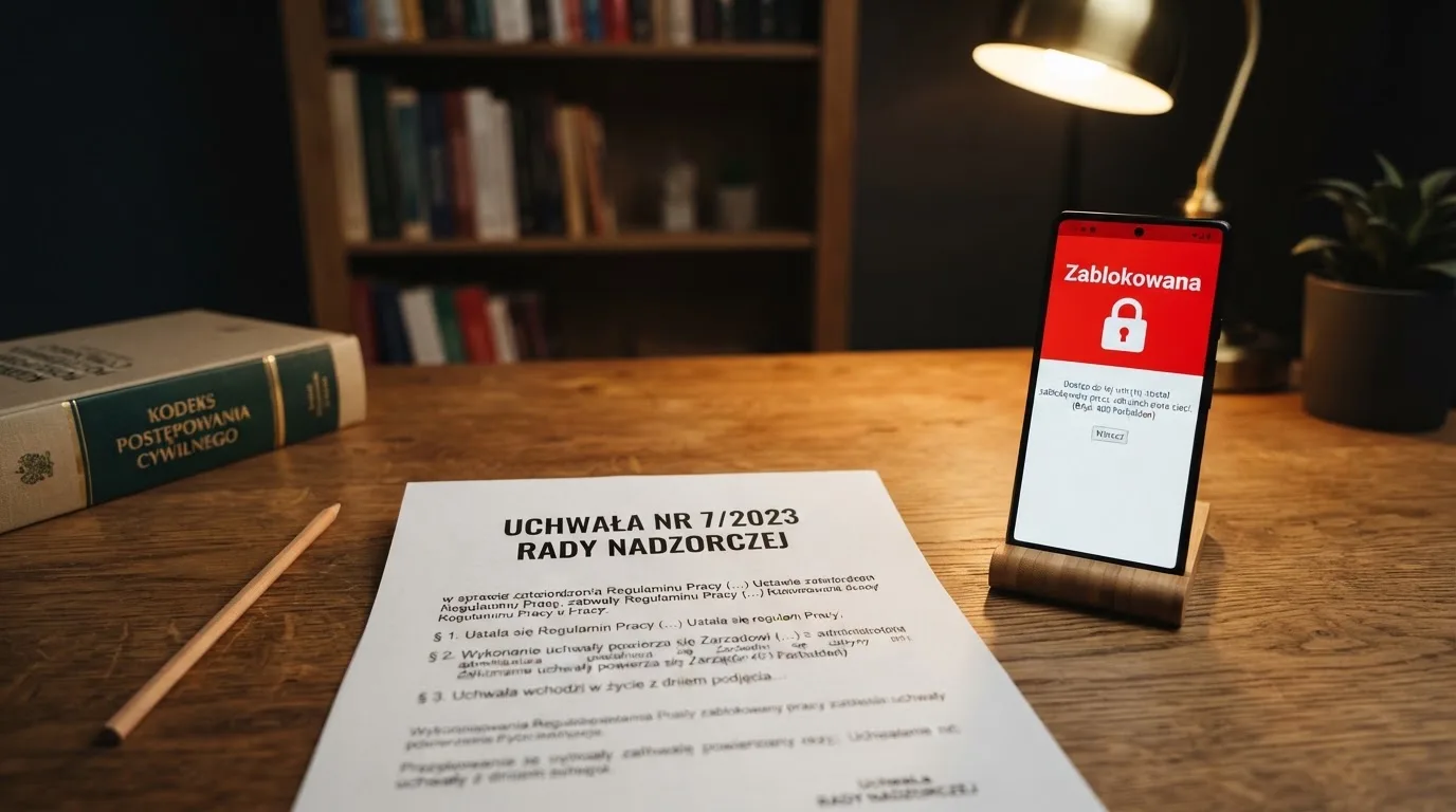 Biurko z wydrukiem ustawy o grach hazardowych i telefonem wyświetlającym komunikat o zablokowanej stronie kasyna
