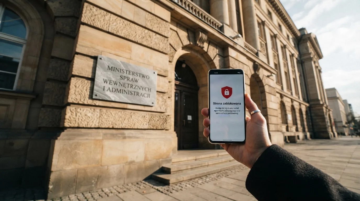 Budynek urzędu z tablicą ministerstwa, na pierwszym planie laptop z komunikatem o zablokowanej stronie kasyna