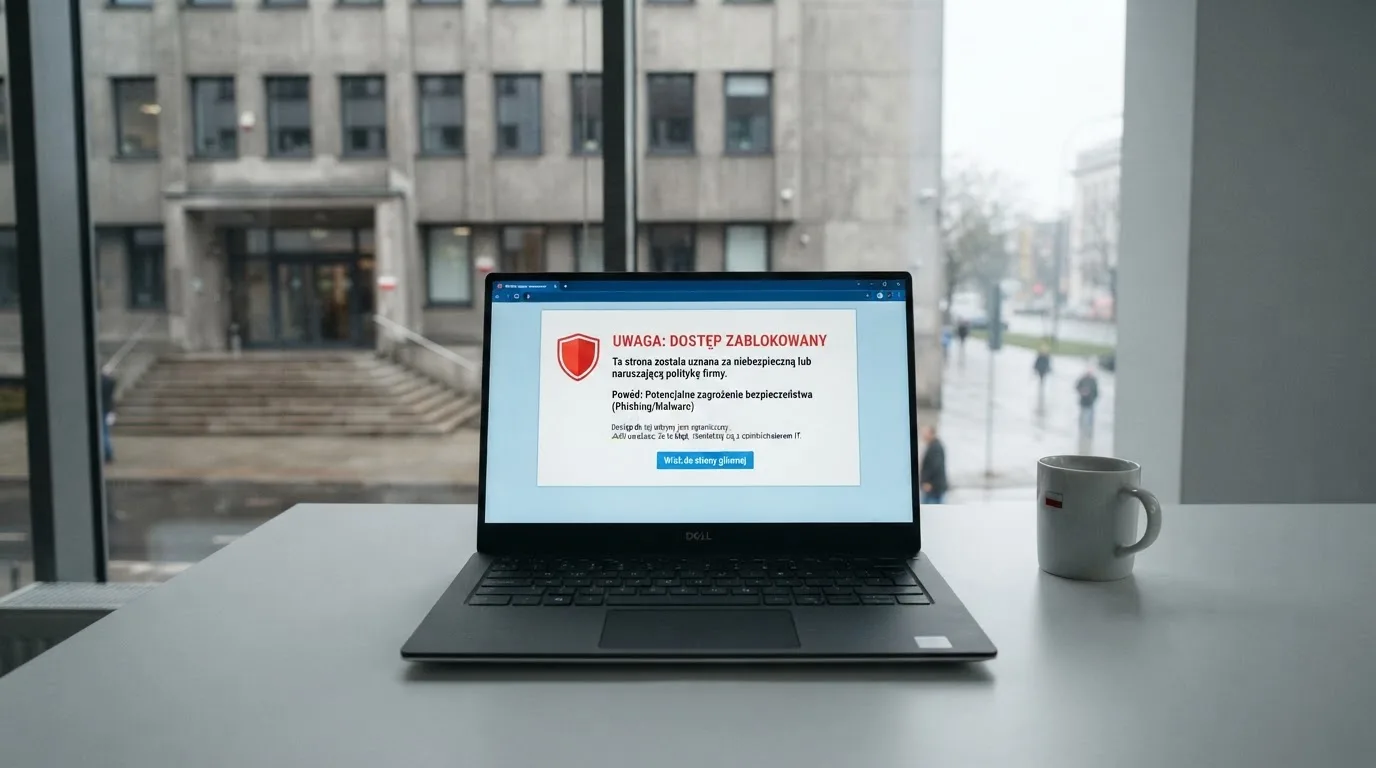 Laptop z komunikatem o zablokowanej stronie hazardowej, w tle budynek urzędu z tablicą ministerstwa