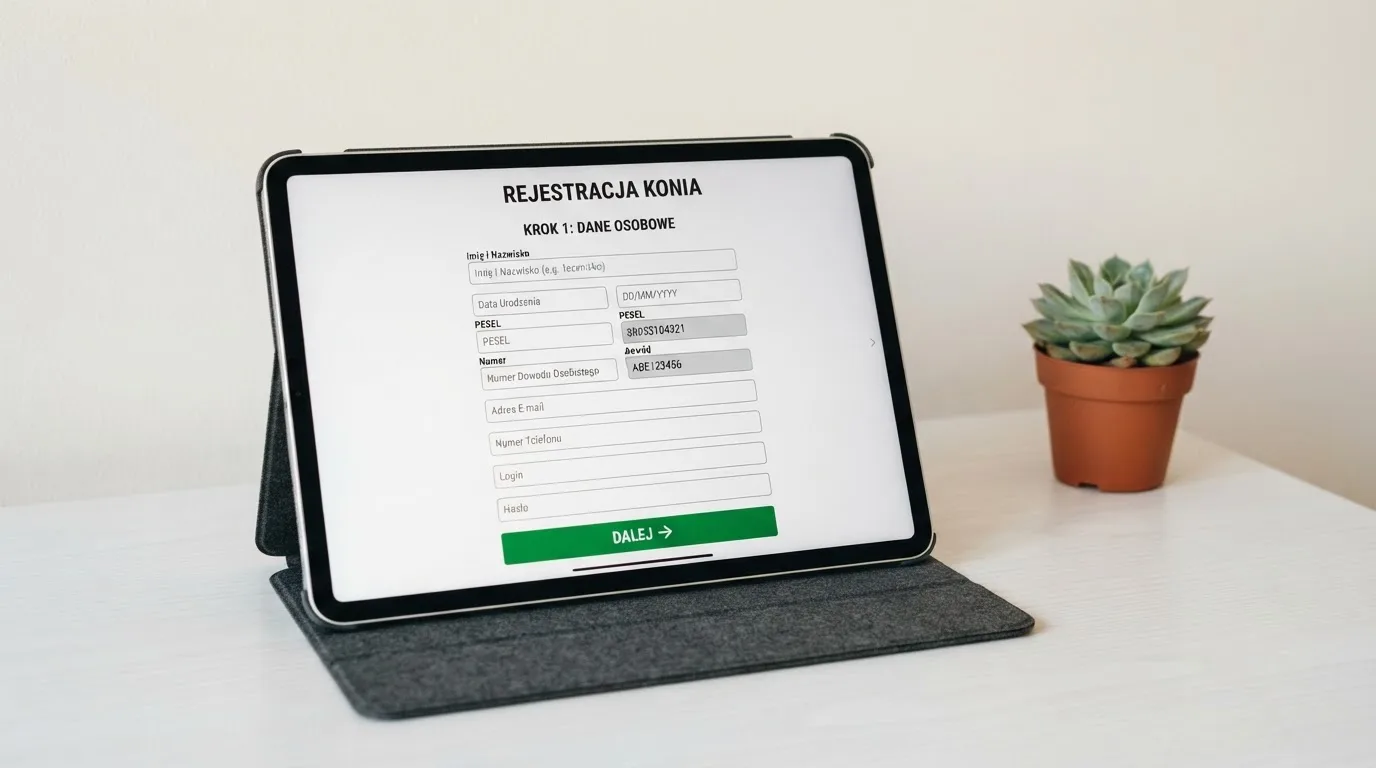 Formularz rejestracji konta gracza z polami na PESEL i numer dokumentu tożsamości na ekranie tabletu