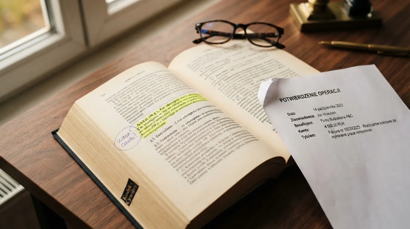 Otwarty tekst ustawy o grach hazardowych z zakreślonym artykułem, obok wydruku potwierdzenia przelewu wygranej