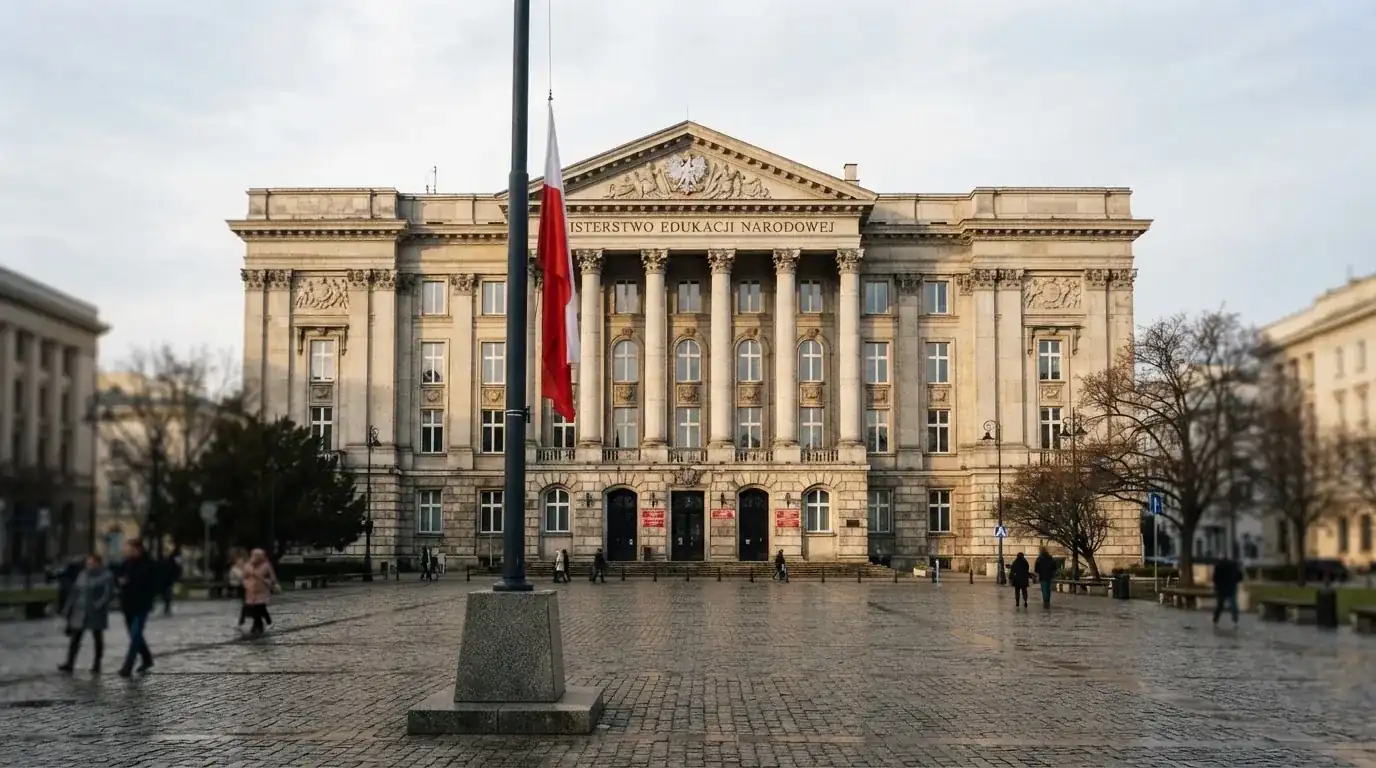 Budynek urzędu administracji państwowej z flagą Polski na maszcie w tle