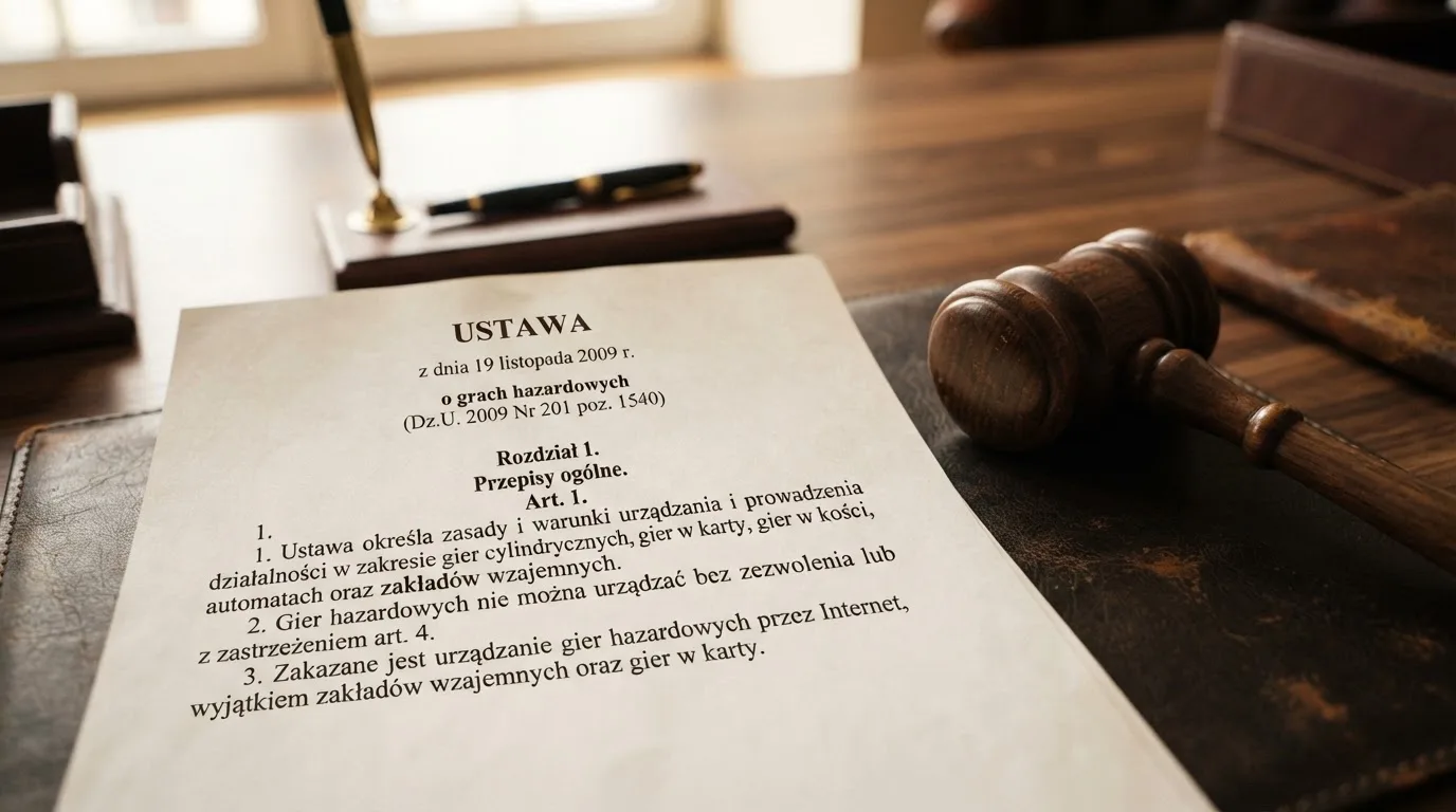 zbliżenie na wydrukowany paragraf ustawy o grach hazardowych leżący obok młotka sędziowskiego