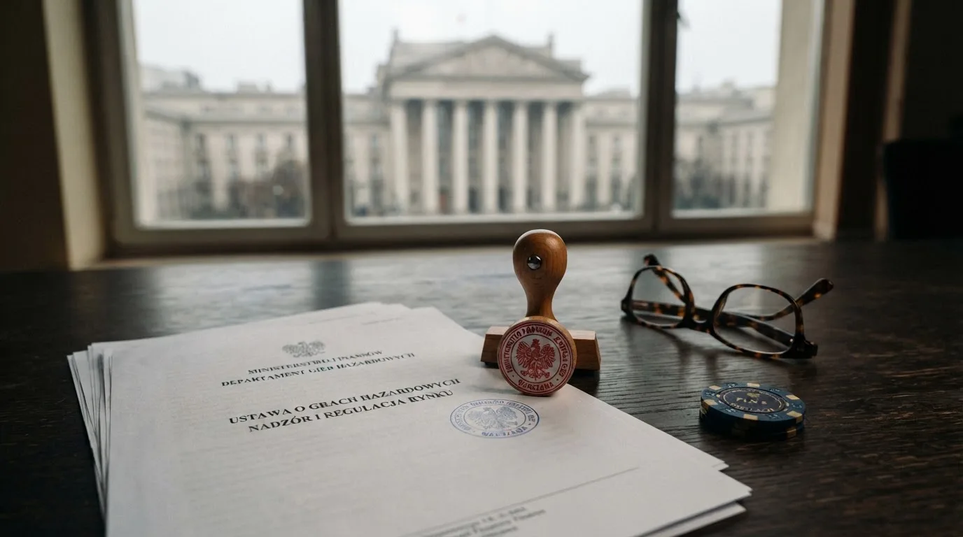 Stos dokumentów urzędowych i pieczęć na biurku, w tle sylwetka budynku administracji publicznej