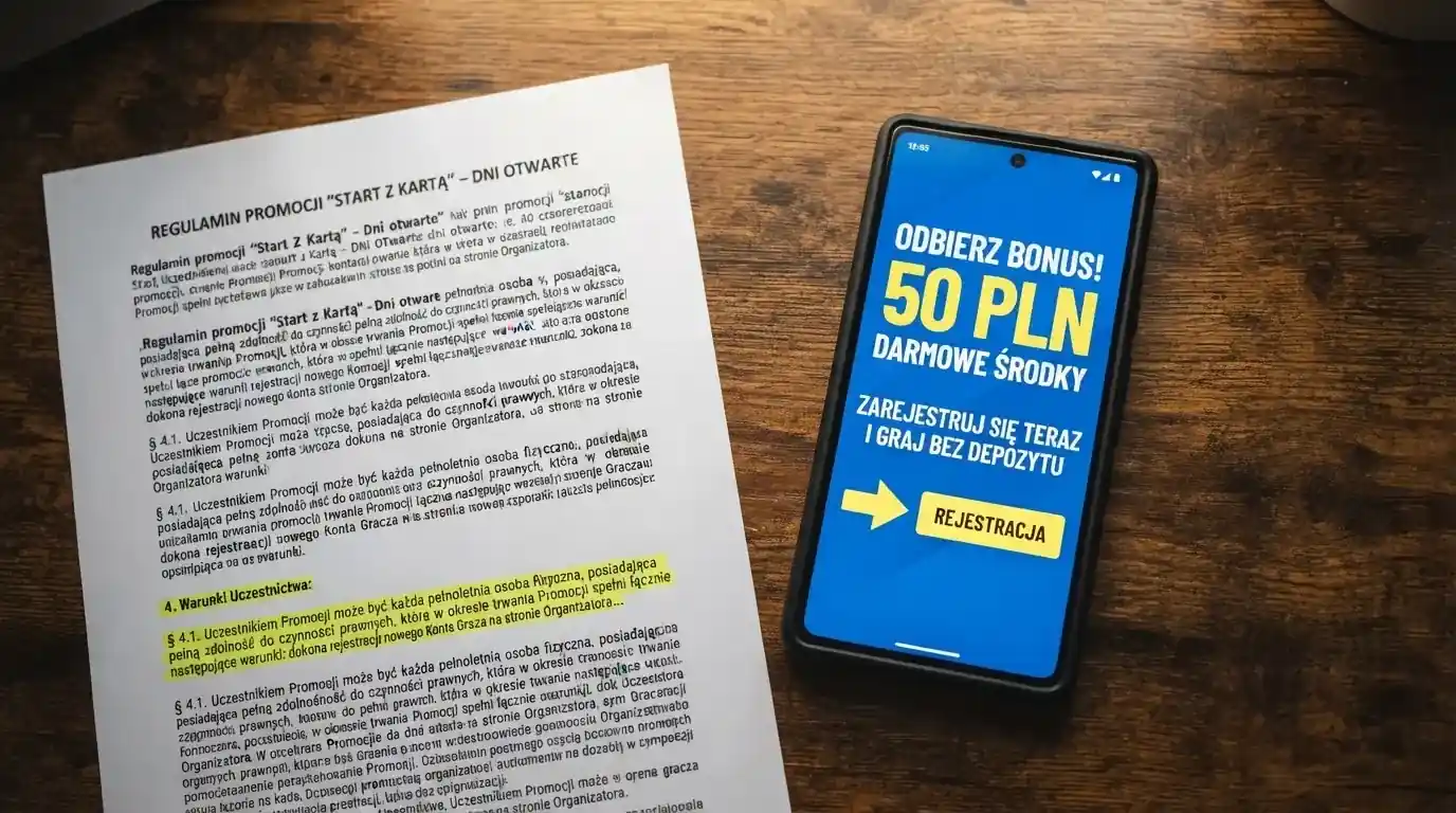 Telefon z banerem obiecującym darmowe złotówki za założenie konta, obok wydrukowany tekst ustawy o grach hazardowych z zaznaczonym artykułem