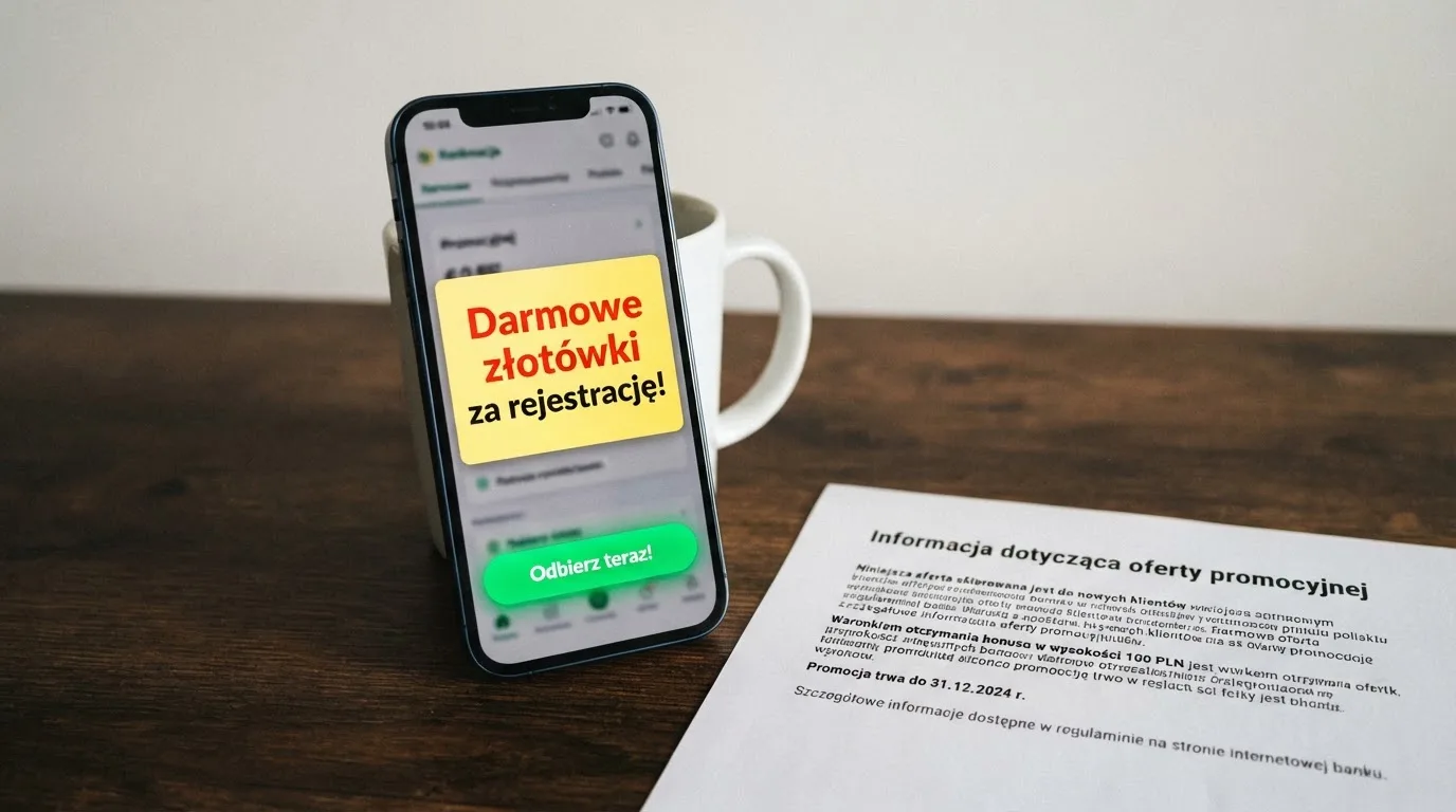 Telefon z wyskakującym banerem obiecującym darmowe złotówki za rejestrację, obok wydruk ustawy o grach hazardowych