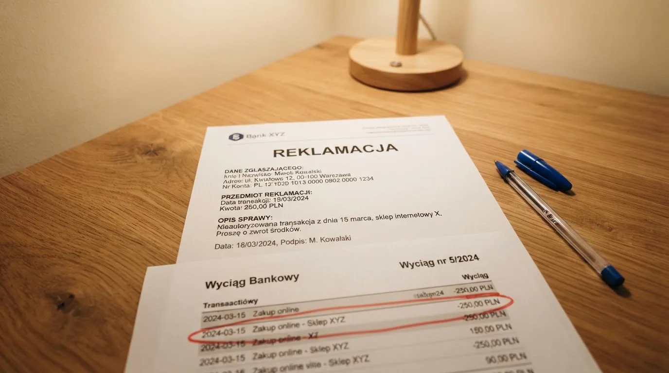 Wydrukowany formularz reklamacji leżący na biurku obok długopisu i wyciągu bankowego z zakreśloną pozycją