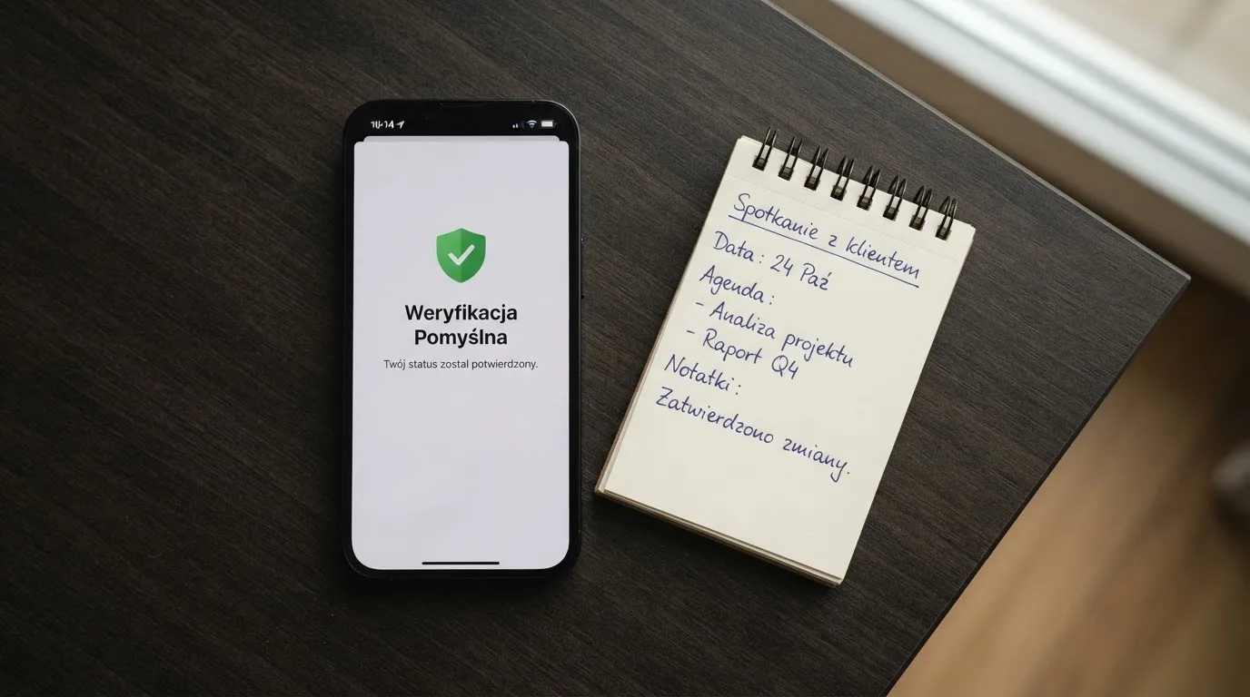 Smartfon leżący na biurku z ekranem porównania ofert kasyn internetowych, obok notatnik.