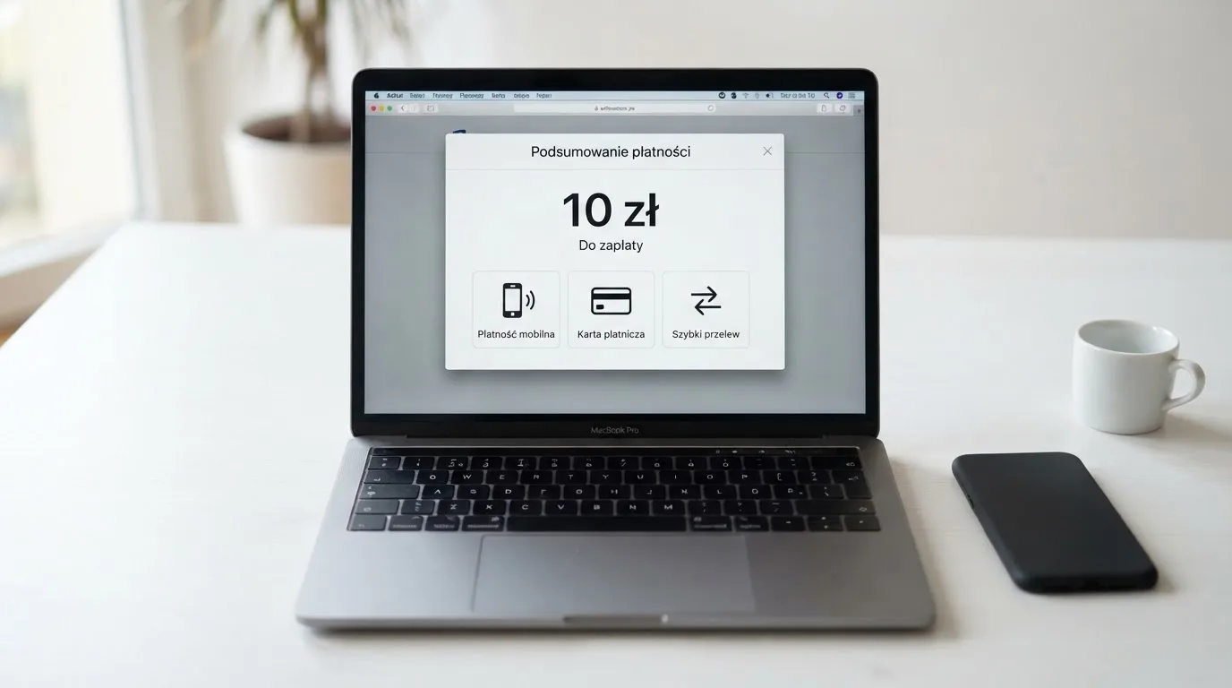 Laptop z otwartym oknem wpłaty na kwotę 10 zł i listą metod: BLIK, karta płatnicza, szybki przelew