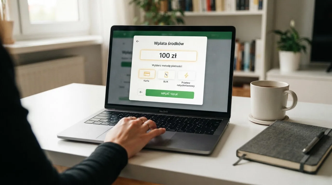 Laptop z oknem wpłaty na ePortfel, wpisana kwota 100 zł i lista metod: BLIK, karta płatnicza, szybki przelew