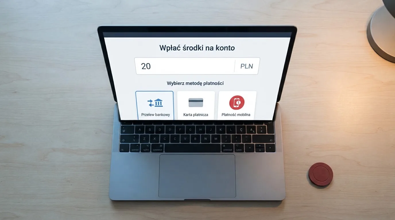 Laptop z otwartym formularzem wpłaty na kwotę 20 zł i wyborem między szybkim przelewem, kartą płatniczą a BLIK-iem
