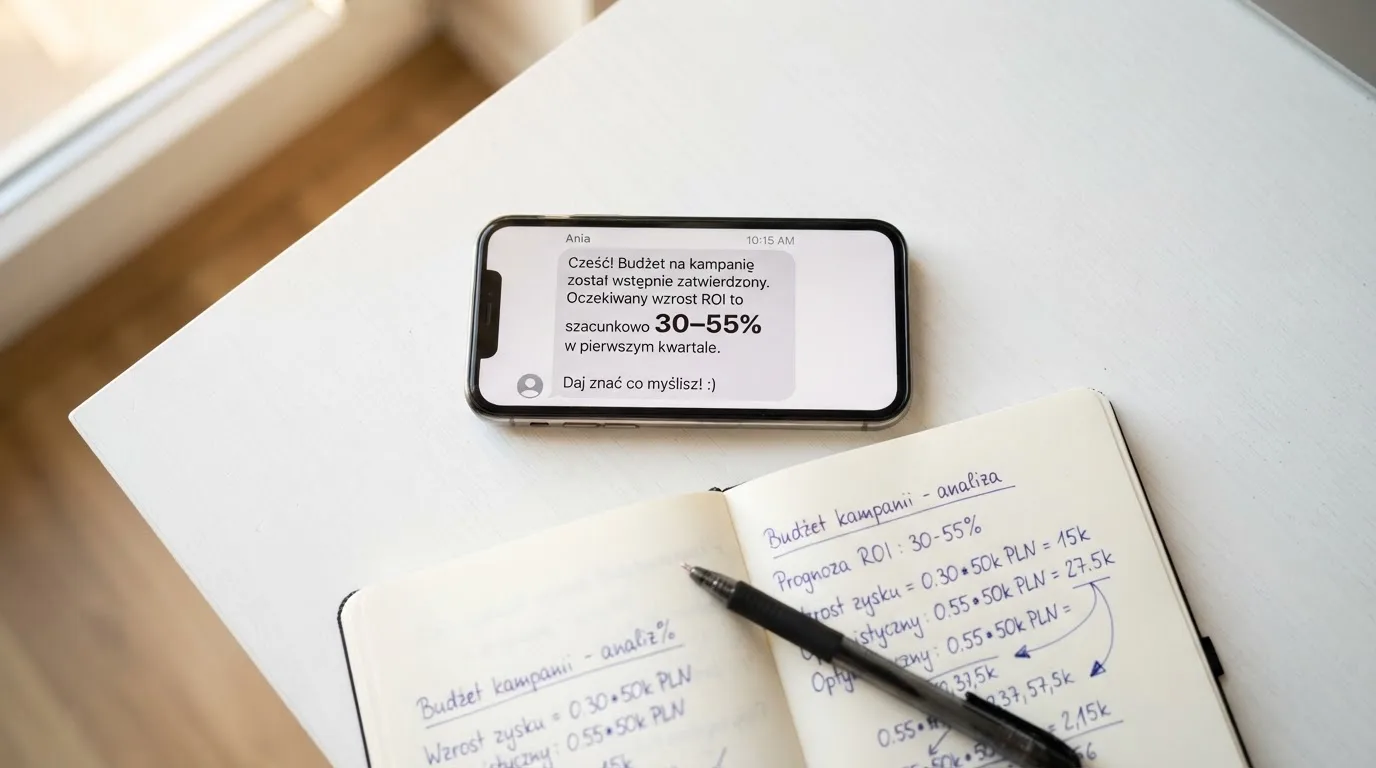 Ekran telefonu z wiadomością SMS obok kalkulatora liczącego opłaty